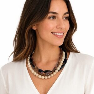 Triple Strand Chunky Resin Bead Necklace Black Brown Cream Layered Chic 103-89